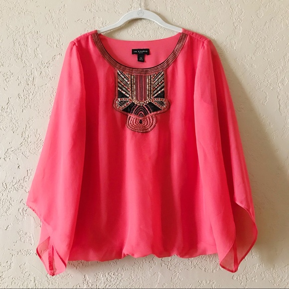 I.N. Studio Tops - IN STUDIO Coral Bell-Sleeved Boho Blouse